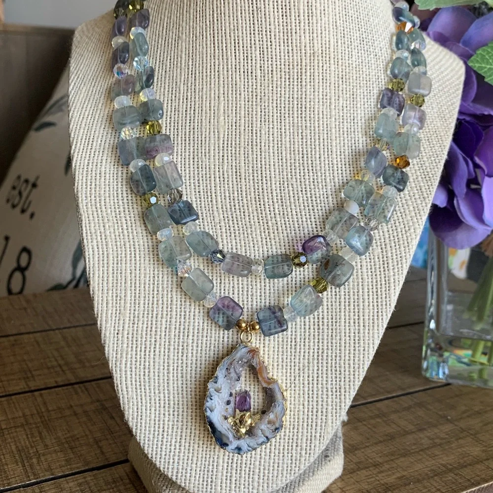 Handmade geode, amethyst, fluorite, & Swarovski crystal double strand necklace - Picture 2 of 8